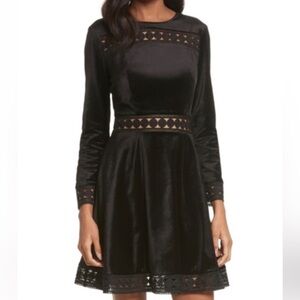 Ted Baker Lullita Geo Lace Velvet Cutout Long Sleeved Exposed Zipper Dress SZ M